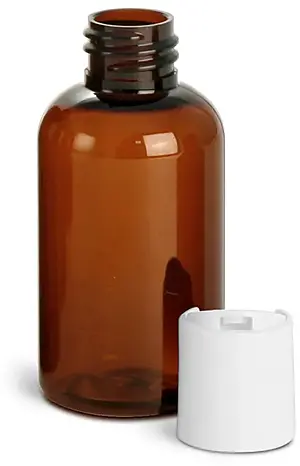 2 oz Amber PET Boston Round Bottles w/ White Disc Top Caps