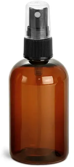 4 oz Amber PET Boston Round Bottles w/ Black Fine Mist Sprayers