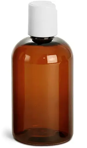 4 oz Amber PET Boston Round Bottles w/ White Disc Top Caps