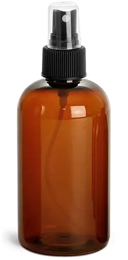 8 oz Amber PET Boston Round Bottles w/ Black Fine Mist Sprayers