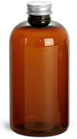 8 oz Amber PET Boston Round Bottles w/ Lined Aluminum Caps