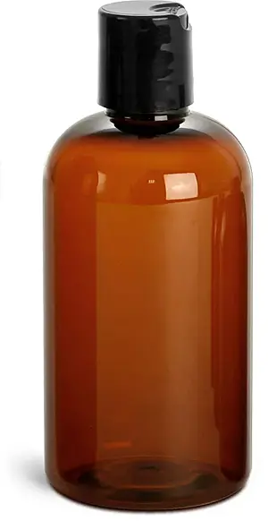 8 oz Amber PET Boston Round Bottles w/ Black Disc Top Caps