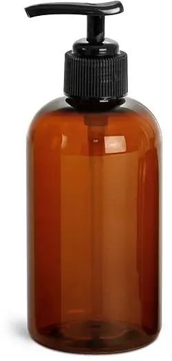 8 oz Amber PET Boston Round Bottles w/ Black Lotion Pumps