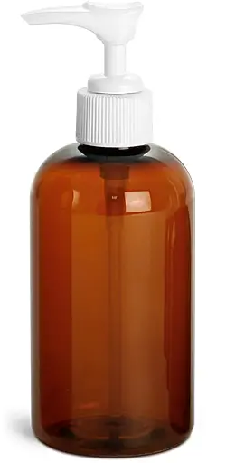 8 oz Amber PET Boston Round Bottles w/ White Lotion Pumps