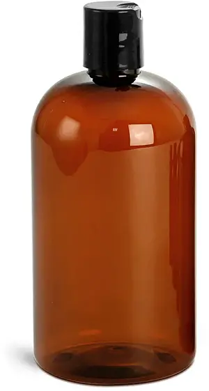 16 oz Amber PET Boston Round Bottles w/ Black Disc Top Caps