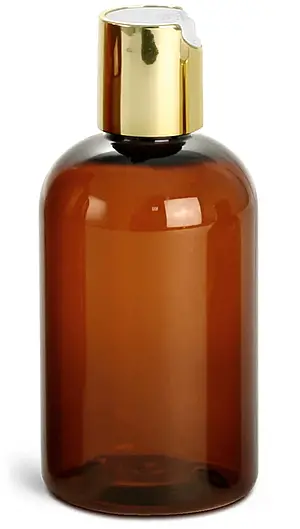 4 oz Amber PET Boston Round Bottles w/ Gold Disc Top Caps