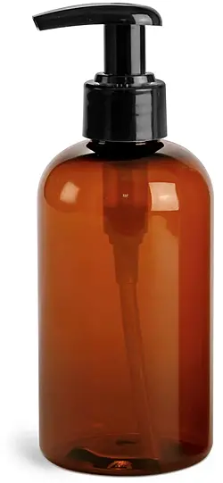 8 oz Amber PET Boston Round Bottles w/ 2 cc Black Lotion Pumps