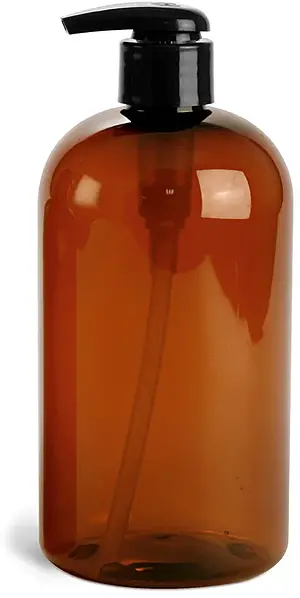16 oz Amber PET Boston Round Bottles w/ 2 cc Black Lotion Pumps