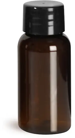 1 oz Plastic Bottles, Amber PET Boston Round Bottles w/ Smooth Black Plastic Lined Caps