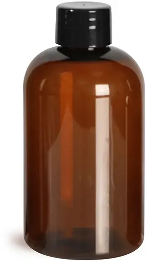 4 oz Plastic Bottles, Amber PET Boston Round Bottles w/ Smooth Black Plastic Lined Caps