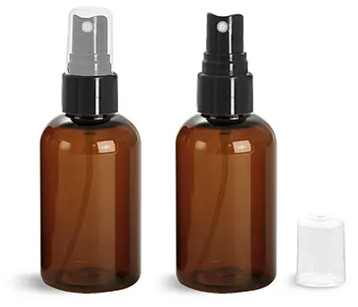 2 oz Plastic Bottles, Amber PET Boston Round Bottles w/ Smooth Black Fine Mist Sprayers
