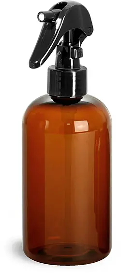 8 oz Plastic Bottles, Amber PET Boston Round Bottles w/ Black Mini Trigger Sprayers