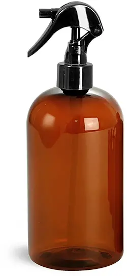 16 oz Plastic Bottles, Amber PET Boston Round Bottles w/ Black Mini Trigger Sprayers