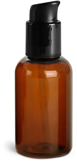 2 oz  Amber PET Boston Round Bottles w/ Black Treatment Pumps