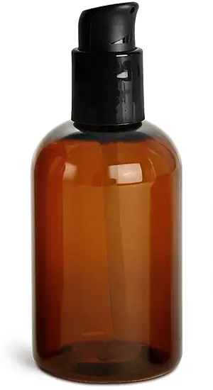4 oz  Amber PET Boston Round Bottles w/ Black Treatment Pumps