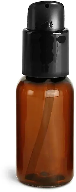 1 oz Amber PET Boston Round Bottles w/ Black Treatment Pumps