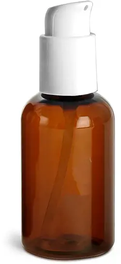 2 oz Amber PET Boston Round Bottles w/ White Treatment Pumps