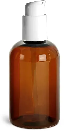4 oz Amber PET Boston Round Bottles w/ White Treatment Pumps