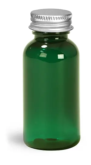 1 oz Green PET Round Bottles w/ Lined Aluminum Caps
