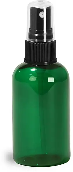2 oz Green PET Boston Round Bottles w/ Black Fine Mist Sprayers