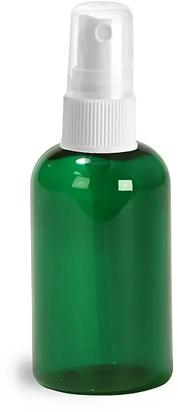 2 oz Green PET Boston Round Bottles w/ White Fine Mist Sprayers