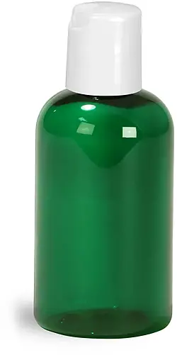 2 oz Green PET Boston Round Bottles w/ White Disc Top Caps