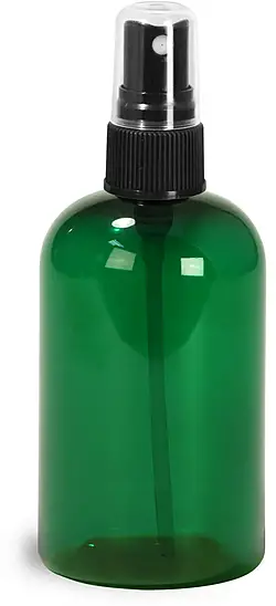 4 oz Green PET Boston Round Bottles w/ Black Fine Mist Sprayers