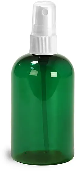 4 oz Green PET Boston Round Bottles w/ White Fine Mist Sprayers