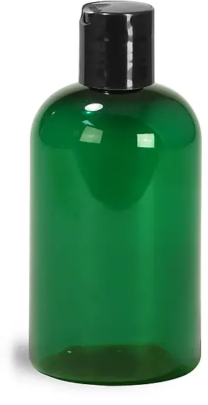 4 oz Green PET Boston Round Bottles w/ Black Disc Top Caps