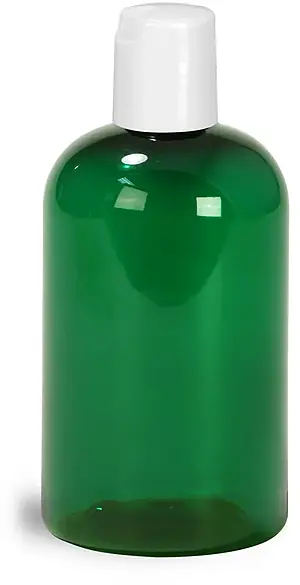 4 oz Green PET Boston Round Bottles w/ White Disc Top Caps