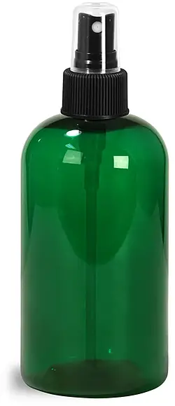 8 oz Green PET Boston Round Bottles w/ Black Fine Mist Sprayers