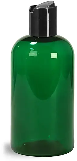 8 oz Green PET Boston Round Bottles w/ Black Disc Top Caps