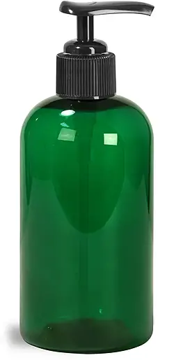 8 oz Green PET Boston Round Bottles w/ Black Pumps