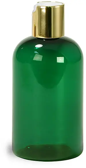4 oz Green PET Boston Round Bottles w/ Gold Disc Top Caps