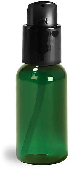 1 oz Green PET Boston Round Bottles w/ Black Treatment Pumps