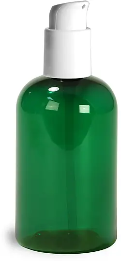 4 oz  Green PET Boston Round Bottles w/ White Treatment Pumps