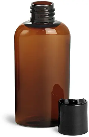 2 oz Amber PET Cosmo Oval Bottlesw/ Black Disc Top Caps