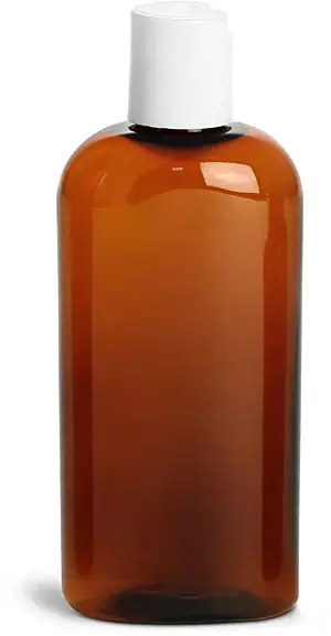 4 oz Amber PET Cosmo Oval Bottlesw/ White Disc Top Caps