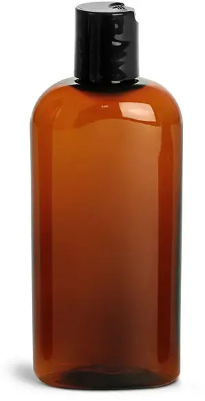 4 oz Amber PET Cosmo Oval Bottlesw/ Black Disc Top Caps