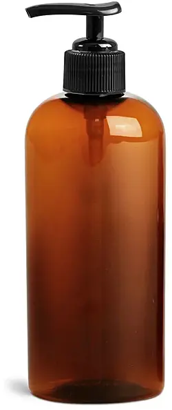 8 oz Amber PET Cosmo Oval Bottlesw/ Black Pumps