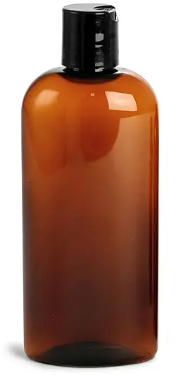 8 oz Amber PET Cosmo Oval Bottles w/ Black Disc Top Caps