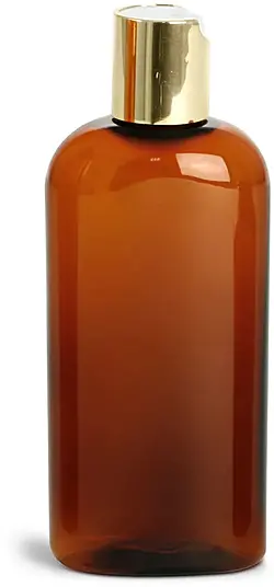 4 oz Amber PET Cosmo Oval Bottlesw/ Gold Disc Top Caps