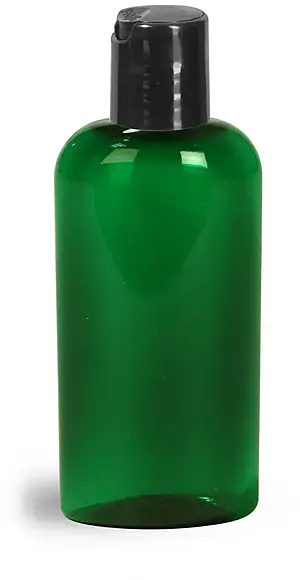 2 oz Green PET Cosmo Oval Bottles w/ Black Disc Top Caps