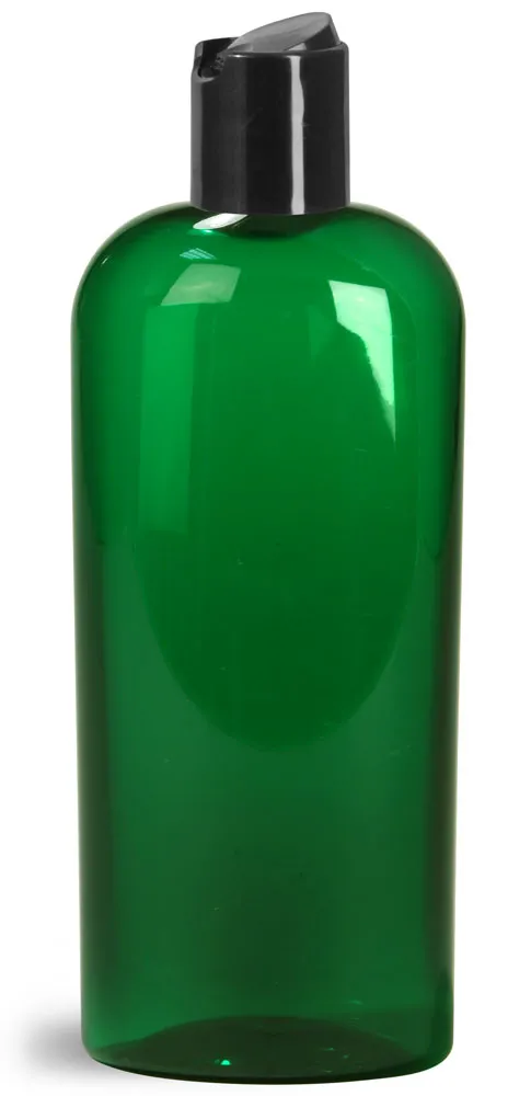 8 oz Green PET Cosmo Oval Bottles w/ Black Disc Top Caps
