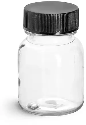 30 cc Clear PET Wide Mouth Round Bottles w/ Black PE Lined Caps