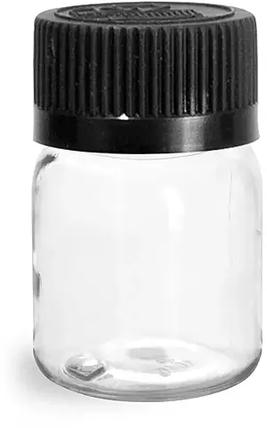 30 cc Clear PET Wide Mouth Round Polypropylene Bottles w/ Black Child Resistant Lined Caps