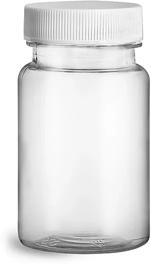 75 cc Plastic Bottles, Clear PET Wide Mouth Packer Bottles w/ White Ribbed PE Lined Caps