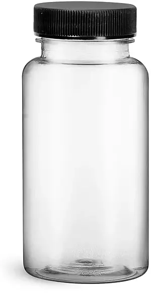 150 cc Plastic Bottles, Clear PET Wide Mouth Packer Bottles w/ Black Ribbed Induction Lined Caps