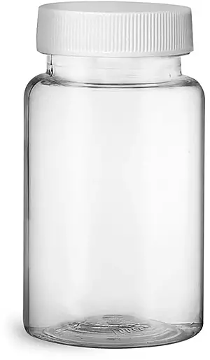 100 cc Plastic Bottles, Clear PET Wide Mouth Packer Bottles w/ White Ribbed Induction Lined Caps