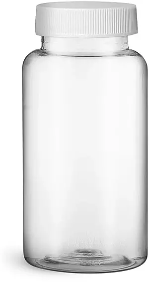 150 cc Plastic Bottles, Clear PET Wide Mouth Packer Bottles w/ White Ribbed Induction Lined Caps